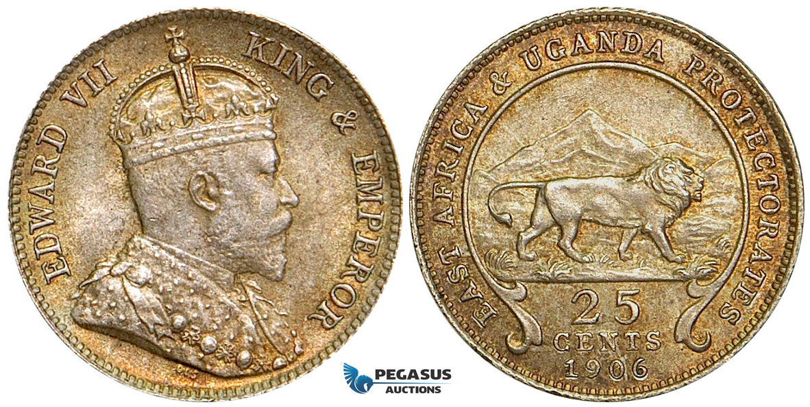 ZA96, East Africa & Uganda Protectorates, Edward VII, 25 Cents 1906, Silver, Toned UNC