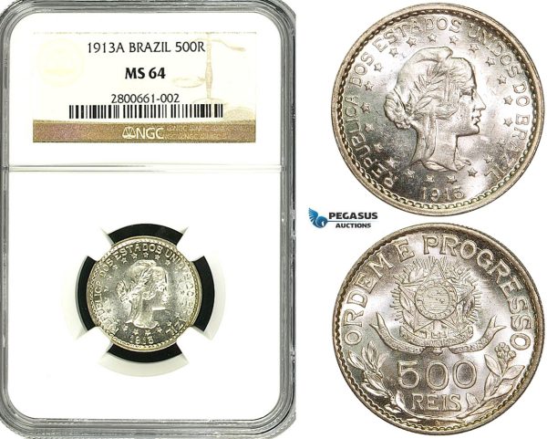 ZA97, Brazil, 500 Reis 1913-A, Paris, Silver, NGC MS64