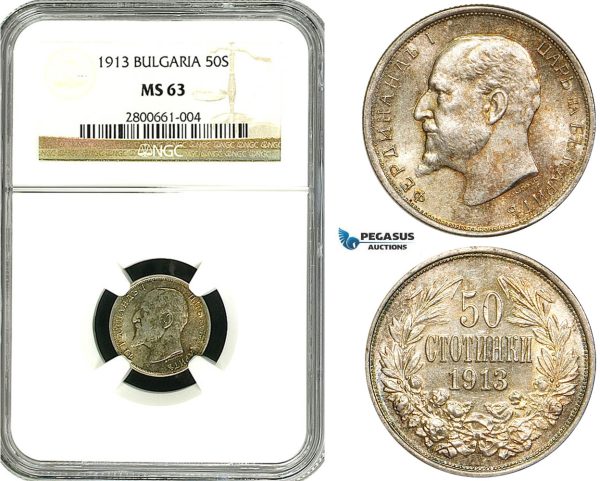 ZA99, Bulgaria, Ferdinand I, 50 Stotinki 1913, Silver, NGC MS63