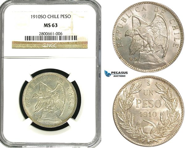 ZB01, Chile, 1 Peso 1910-SO, Santiago, Silver, NGC MS63