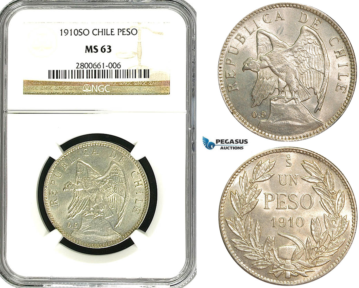 ZB01, Chile, 1 Peso 1910-SO, Santiago, Silver, NGC MS63