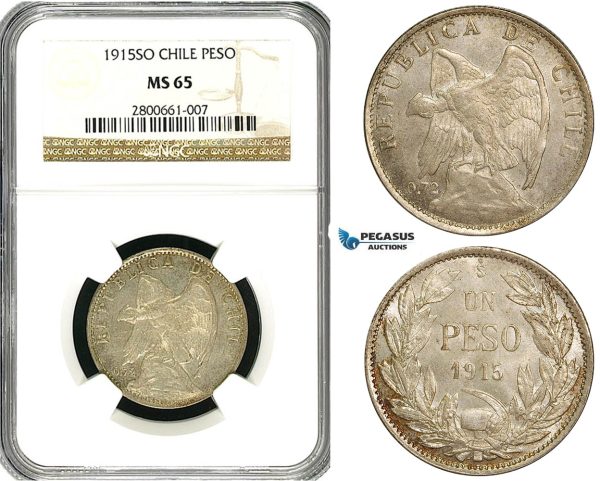 ZB02, Chile, 1 Peso 1915-SO, Santiago, Silver, NGC MS65