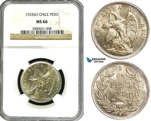 ZB03, Chile, 1 Peso 1925-SO, Santiago, Silver, NGC MS66 (Pop 1/0, Finest)