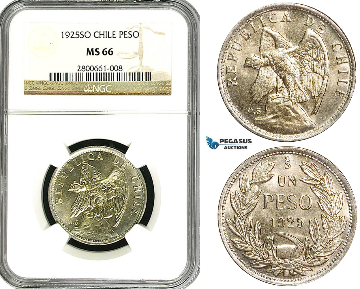 ZB03, Chile, 1 Peso 1925-SO, Santiago, Silver, NGC MS66 (Pop 1/0, Finest)