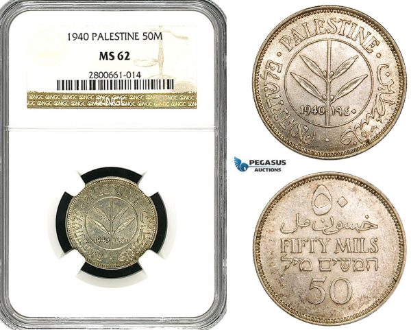 ZB11, Palestine, 50 Mils 1940, Silver, NGC MS62