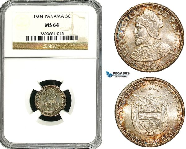 ZB12, Panama, 5 Centesimos 1904, Philadelphia, Silver, NGC MS64