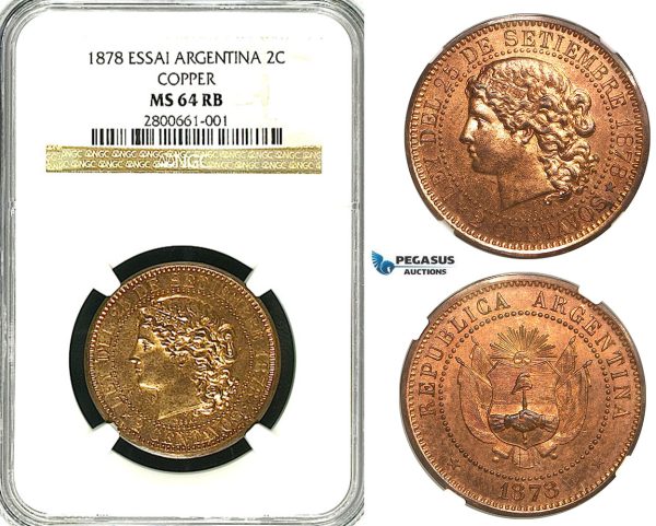 ZB16X, Argentina, Essai 2 Centavos 1878, Copper, NGC MS64RB