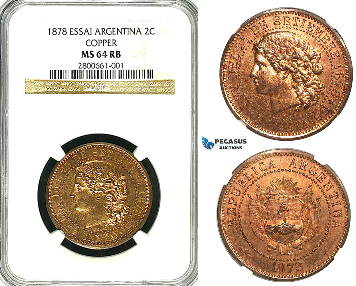 ZB16X, Argentina, Essai 2 Centavos 1878, Copper, NGC MS64RB