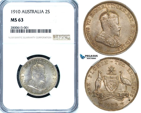 ZB17, Australia, Edward VII, Florin - 2 Shillings 1910, Silver, NGC MS63