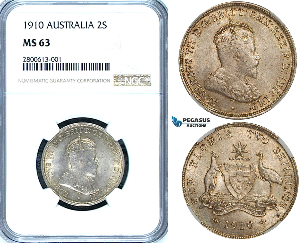 ZB17, Australia, Edward VII, Florin - 2 Shillings 1910, Silver, NGC MS63