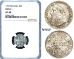 ZB18, Belgium, Leopold II, 50 Centimes 1907, Silver, NGC MS62 (French Legends)