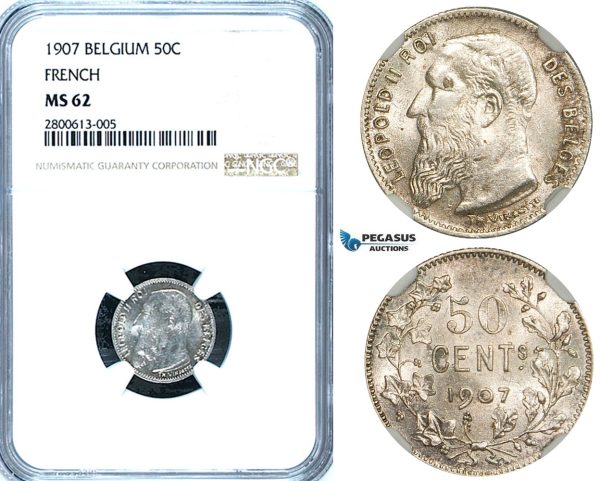 ZB18, Belgium, Leopold II, 50 Centimes 1907, Silver, NGC MS62 (French Legends)