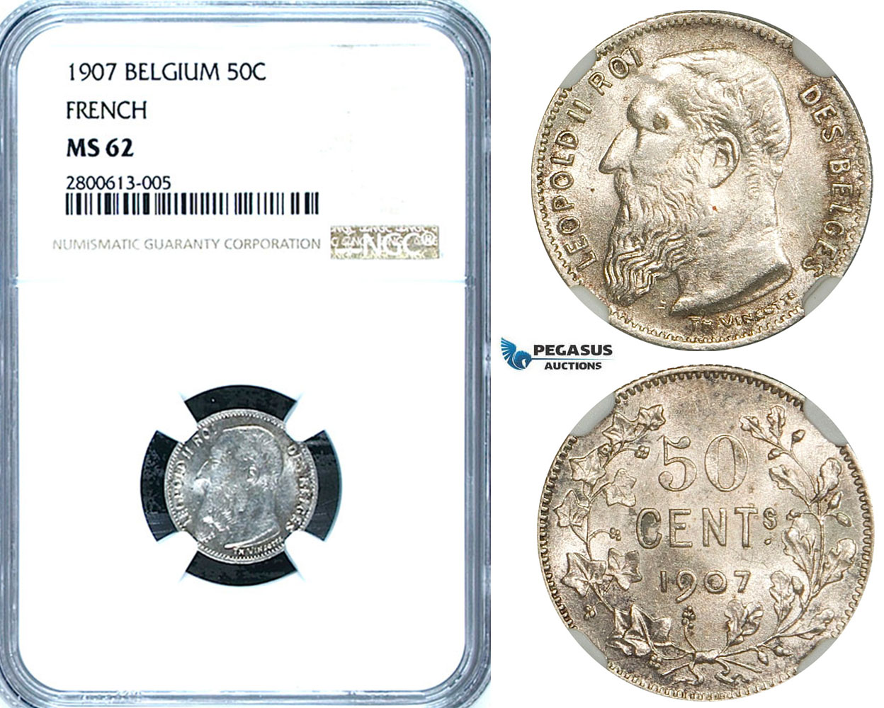 ZB18, Belgium, Leopold II, 50 Centimes 1907, Silver, NGC MS62 (French Legends)