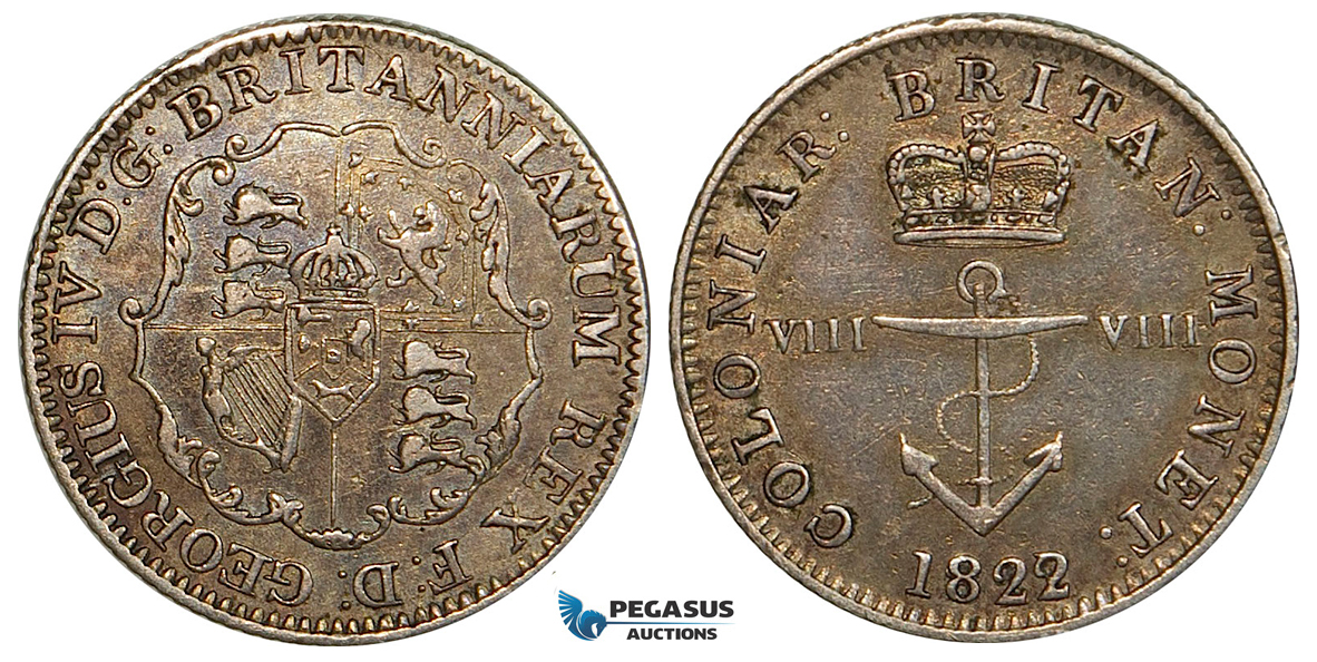 ZB21, British West Indies, George IV, 1/8 Dollar "Anchor Money" 1822, Silver, Toned VF
