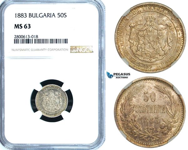 ZB24, Bulgaria, Alexander I, 50 Stotinki 1883, St. Petersburg, Silver, NGC MS63