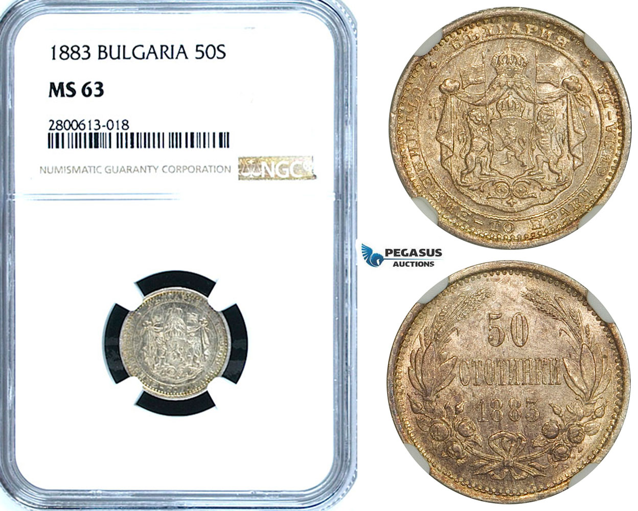 ZB24, Bulgaria, Alexander I, 50 Stotinki 1883, St. Petersburg, Silver, NGC MS63