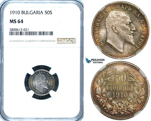 ZB27, Bulgaria, Ferdinand I, 50 Sotinki 1910, Silver, NGC MS64 (Pop 1/2, No finer)
