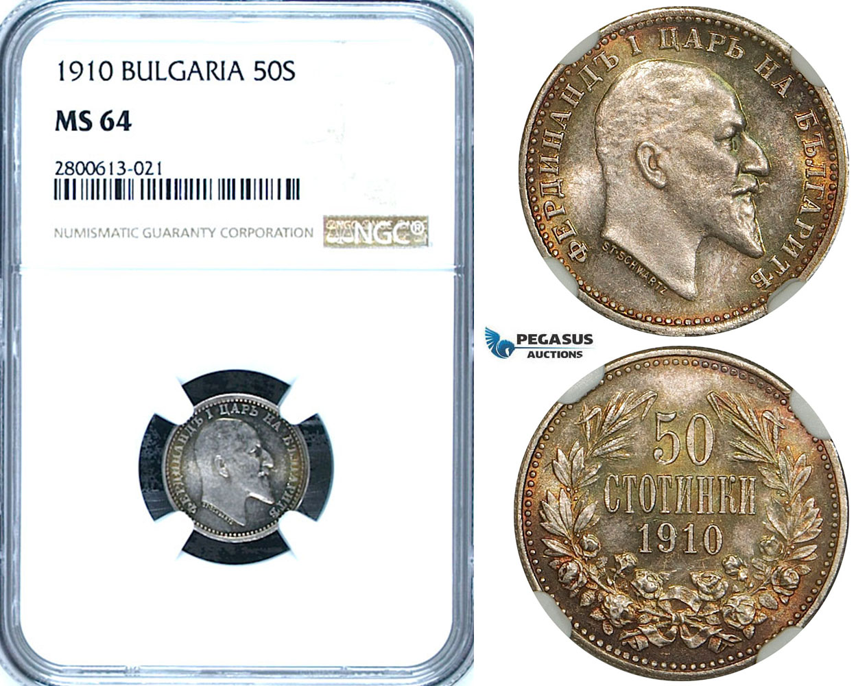 ZB27, Bulgaria, Ferdinand I, 50 Sotinki 1910, Silver, NGC MS64 (Pop 1/2, No finer)