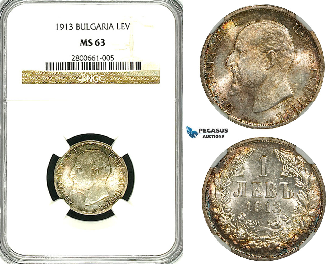ZB27X, Bulgaria, Ferdinand I, 1 Lev 1913, Silver, NGC MS63