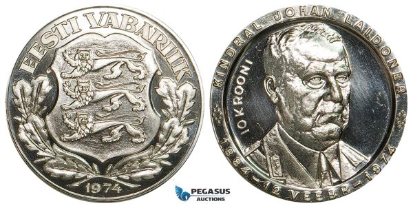 ZB35, Estonia, Exil Fantasy Strike 10 Krooni 1974 (General Johan Laidoner) Silver, KM# X1, Mintage: 950pcs. Ch UNC