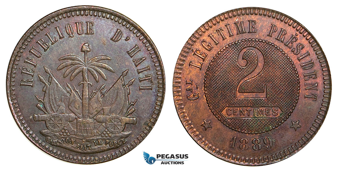 ZB47, Haiti, Æ Pattern 2 Centimes 1889, Copper, KM# Pn86, AU