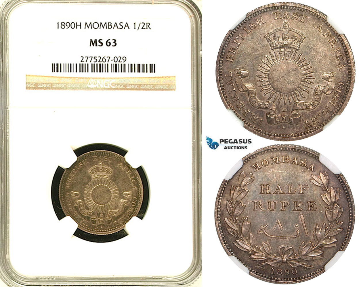 ZB51, Mombasa, Half Rupee 1890-H, Heaton, Silver, NGC MS63