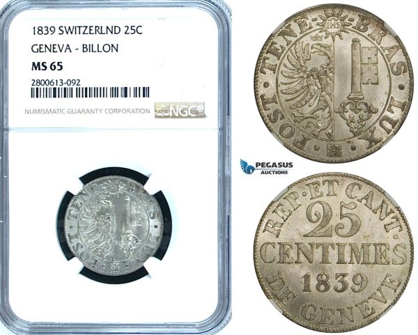 ZB58, Switzerland, Geneva, 25 Centimes 1839, NGC MS65