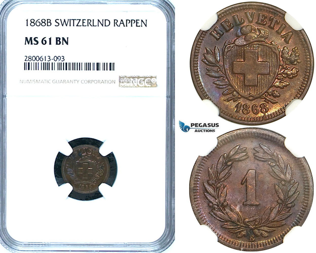 ZB59, Switzerland, 1 Rappen 1868-B, Bern, NGC MS61BN
