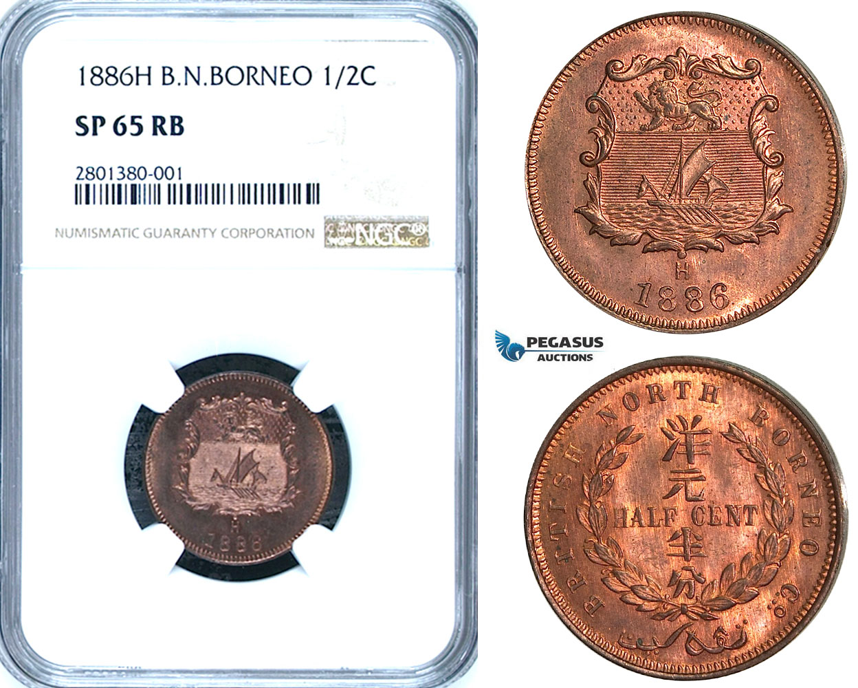 ZB62, British North Borneo, 1/2 Cent 1886-H, Heaton, NGC SP65RB