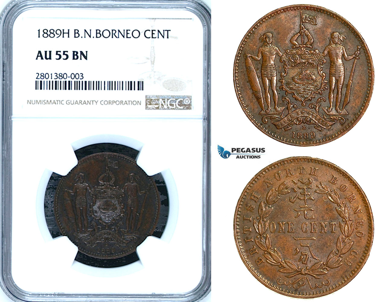 ZB64, British North Borneo, 1 Cent 1889-H, Heaton, NGC AU55BN