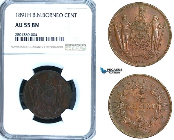 ZB65, British North Borneo, 1 Cent 1891-H, Heaton, NGC AU55BN