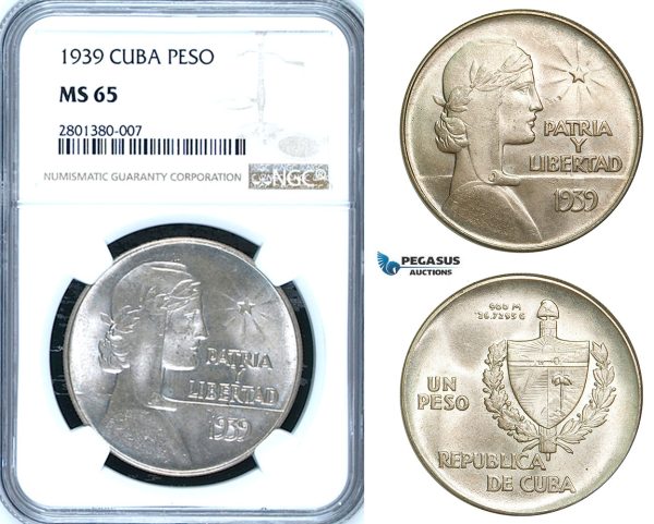 ZB68, Cuba, "ABC" Peso 1939, Philadelphia, Silver, NGC MS65, Rare so nice!