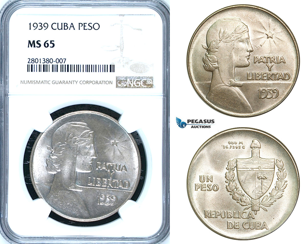 ZB68, Cuba, "ABC" Peso 1939, Philadelphia, Silver, NGC MS65, Rare so nice!