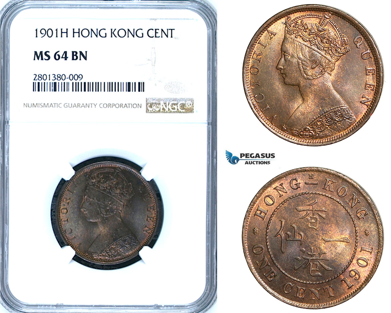 ZB71, Hong Kong, Victoria, 1 Cent 1901-H, Heaton, NGC MS64BN