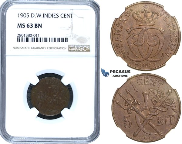 ZB73, Danish West Indies, Christian IX, 1 Cent (5 Bit) 1905, Copenhagen, NGC MS63BN