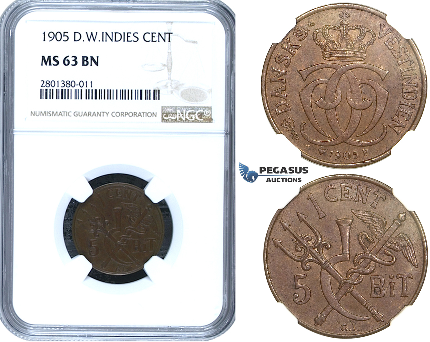 ZB73, Danish West Indies, Christian IX, 1 Cent (5 Bit) 1905, Copenhagen, NGC MS63BN