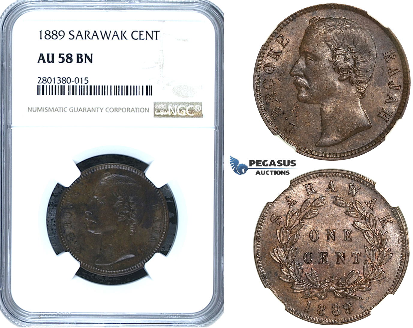 ZB77, Sarawak, C. Brooke Rajah, 1 Cent 1889, Heaton, NGC AU58BN, Pop 2