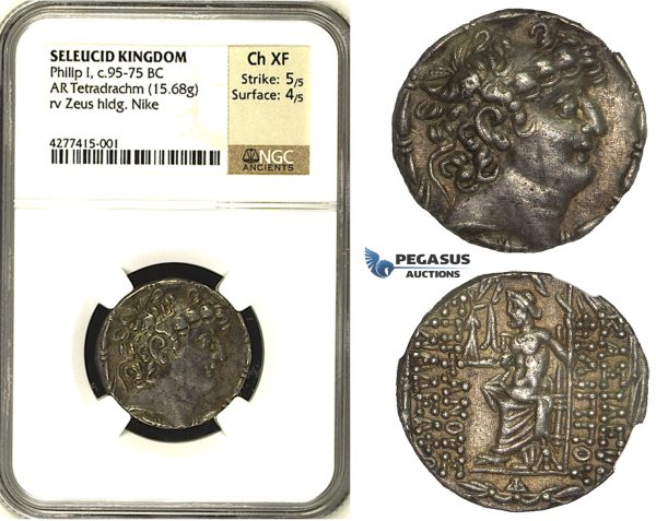 ZB79, Seleucid Kingdom. Philip I Philadelphus (95/4-76/5 BC). AR Tetradrachm (15.68g). Antioch, ca. 88/7-76/5 BC, Zeus/Nike, NGC Ch XF