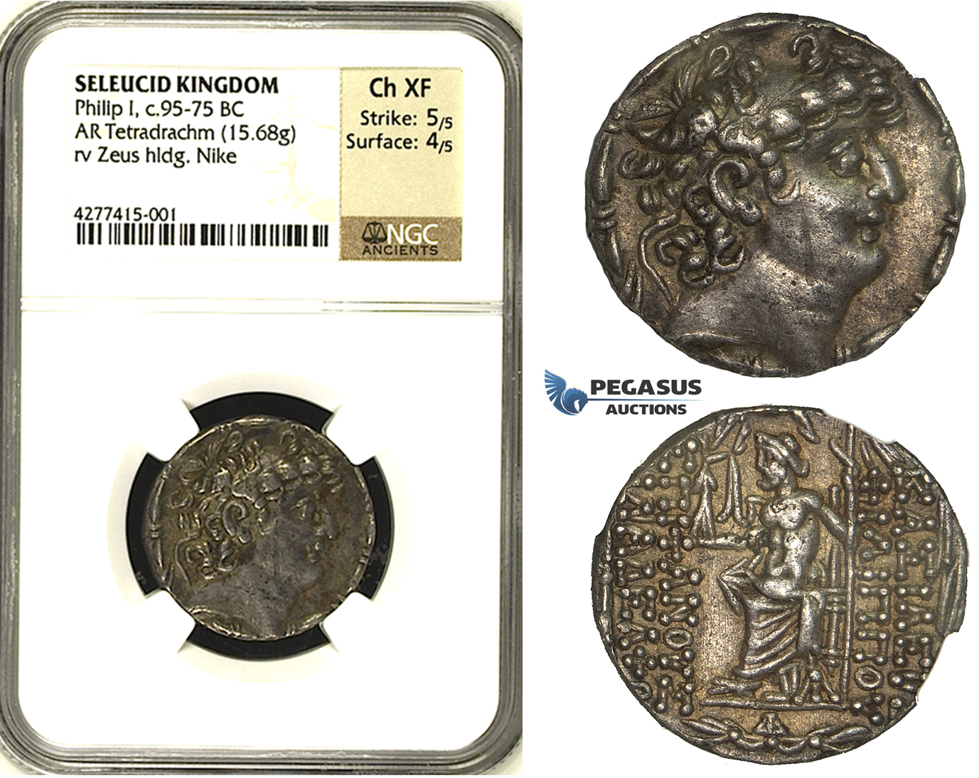 ZB79, Seleucid Kingdom. Philip I Philadelphus (95/4-76/5 BC). AR Tetradrachm (15.68g). Antioch, ca. 88/7-76/5 BC, Zeus/Nike, NGC Ch XF