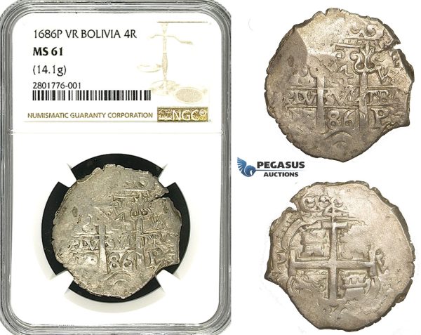 ZB86, Bolivia, Colonial, Cob 4 Reales 1686-P/VR, Potosi, Silver (14.1g) NGC MS61, Rare grade!