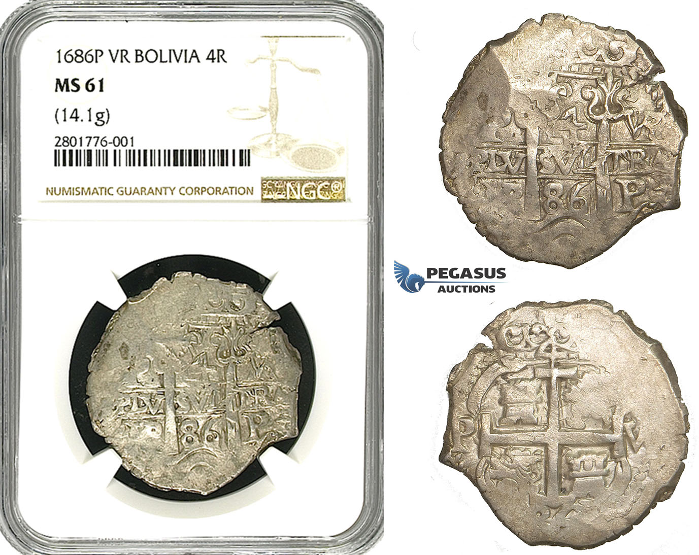 ZB86, Bolivia, Colonial, Cob 4 Reales 1686-P/VR, Potosi, Silver (14.1g) NGC MS61, Rare grade!
