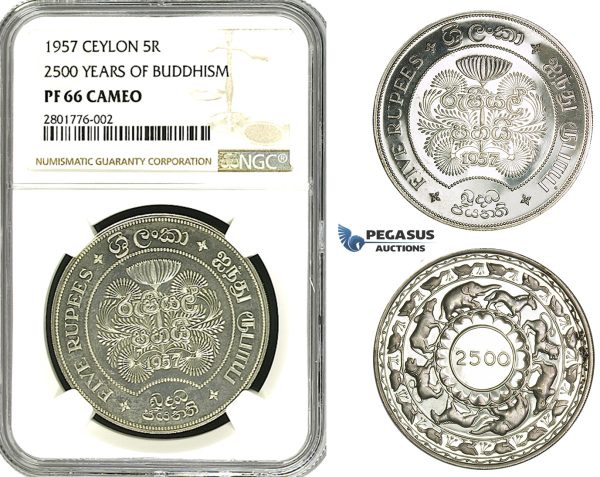ZB87, Ceylon, 5 Rupees 1957 (2500 Years Buddhism) Silver, 1800 pcs. minted! NGC PF66 Cameo