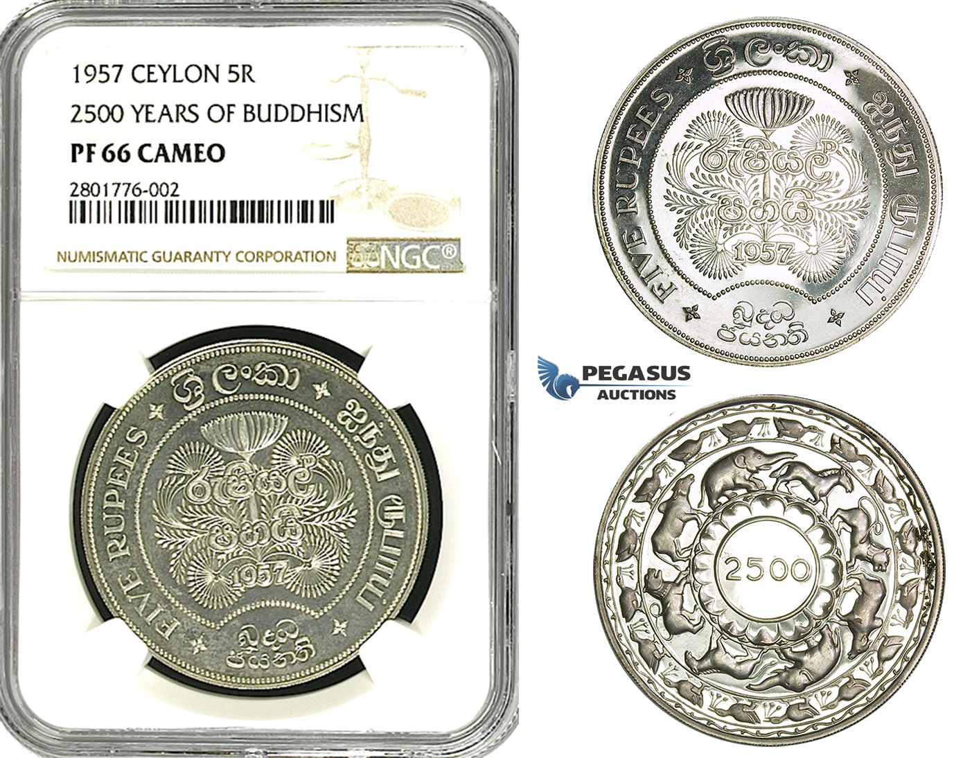 ZB87, Ceylon, 5 Rupees 1957 (2500 Years Buddhism) Silver, 1800 pcs. minted! NGC PF66 Cameo