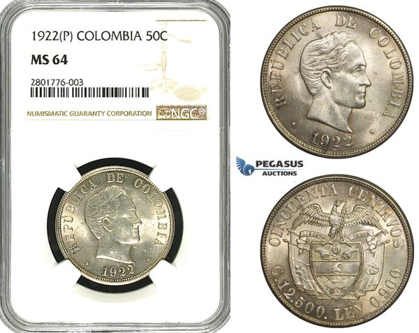 ZB88, Colombia, 50 Centavos 1922 (P) Silver, NGC MS64, Pop 2