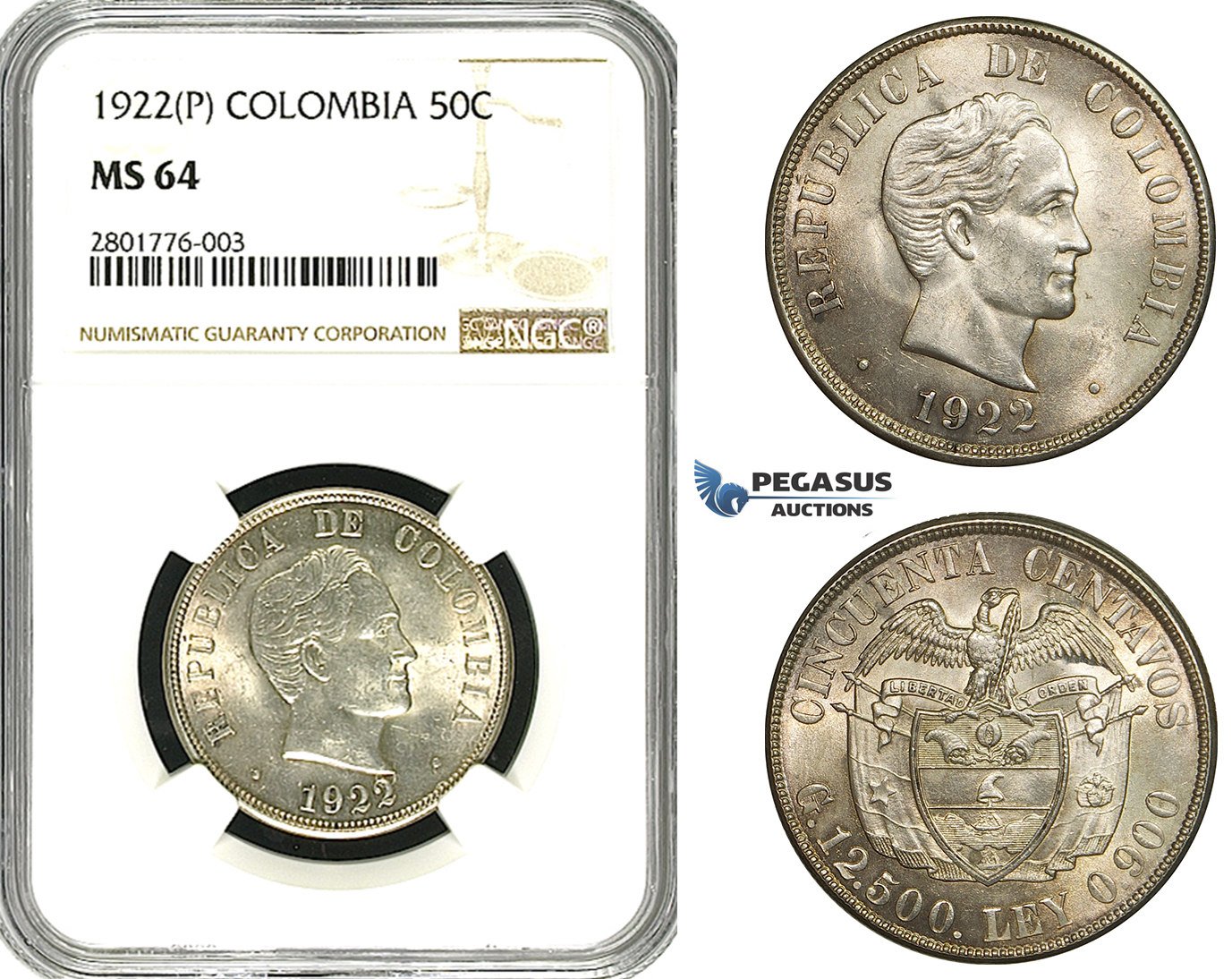 ZB88, Colombia, 50 Centavos 1922 (P) Silver, NGC MS64, Pop 2