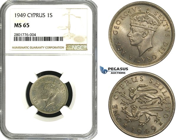 ZB89, Cyprus, George VI, 1 Shilling 1949, NGC MS65, Pop 1/7, No finer!