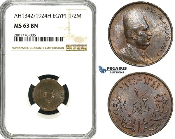 ZB90, Egypt, Fuad, 1/2 Millieme AH1342/1924-H, Heaton, NGC MS63BN