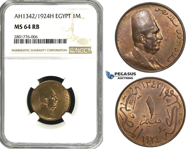 ZB91, Egypt, Fuad, 1 Millieme AH1342/1924-H, Heaton, NGC MS64RB