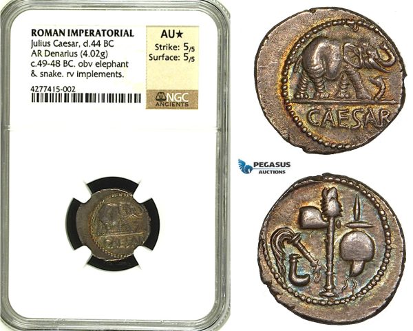 ZC01, Roman Imperatorial, Julius Caesar as Dictator (49-44 BC) AR Denarius (3.49g) Military mint, 49 BC, Elephant, NGC AU★