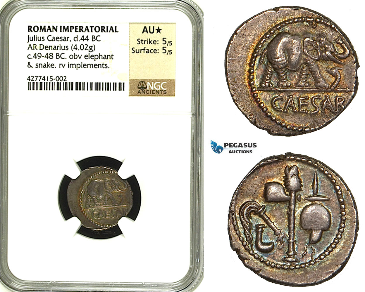 ZC01, Roman Imperatorial, Julius Caesar as Dictator (49-44 BC) AR Denarius (3.49g) Military mint, 49 BC, Elephant, NGC AU★